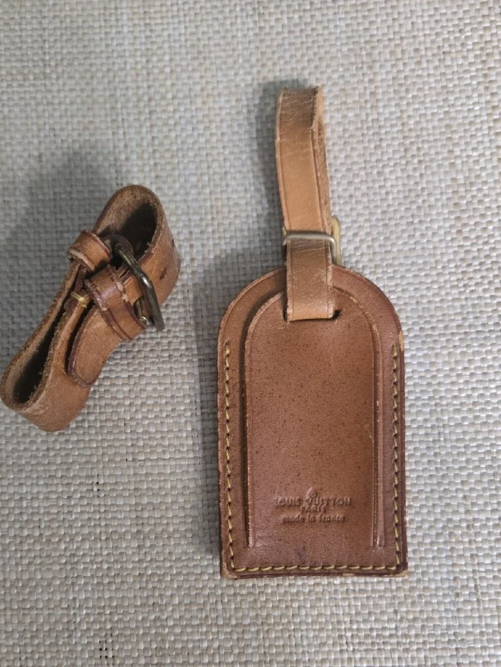 SALE! Louis Vuitton Brown Tan Leather Luggage Tag and Poignet Strap